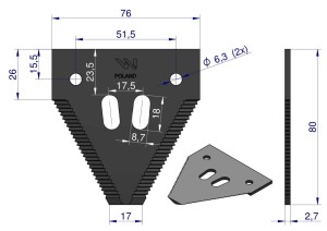 Nóż żniwny 80x76x2.7mm otwór 6.5 zastosowanie 1096606 420100046 Schumacher WARYŃSKI ( sprzedawane po 25 )