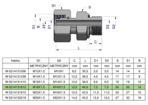 Przyłączka hydrauliczna metryczna AB (EVGE) M18x1.5 12L x M16x1.5 ED Waryński ( sprzedawane po 2 )