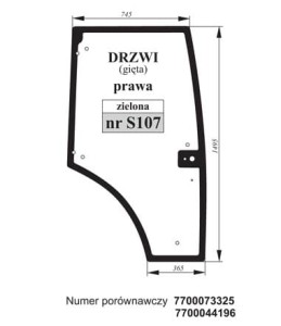 Szyba drzwi prawa gięta zielona Renault 7700073325, 7700044196