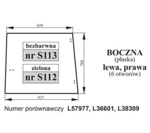 Szyba boczna John Deere 6-otworów  L36601, L38309, L57977